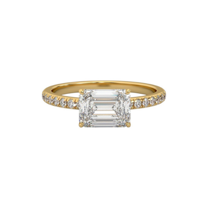 Classic Emerald Cut Sideways Pave Band 14K Solid Gold Diamond Ring