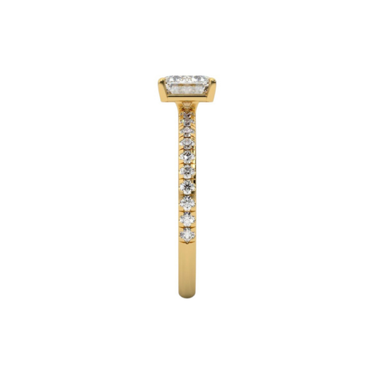 Classic Emerald Cut Sideways Pave Band 14K Solid Gold Diamond Ring