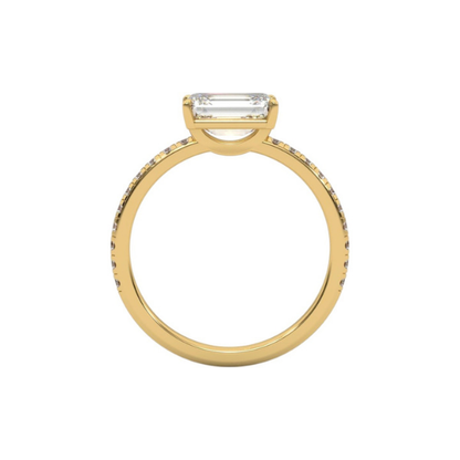 Classic Emerald Cut Sideways Pave Band 14K Solid Gold Diamond Ring