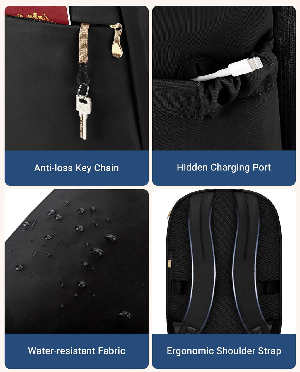 Travel Backpack for Women, 15.6 Inch Laptop Backpack with USB Charging Hole, Water Resistant College Bookbag, Large Capacity Black Computer Backpacks for Work, Black