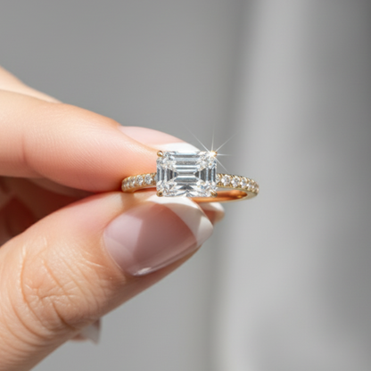 Classic Emerald Cut Sideways Pave Band 14K Solid Gold Diamond Ring